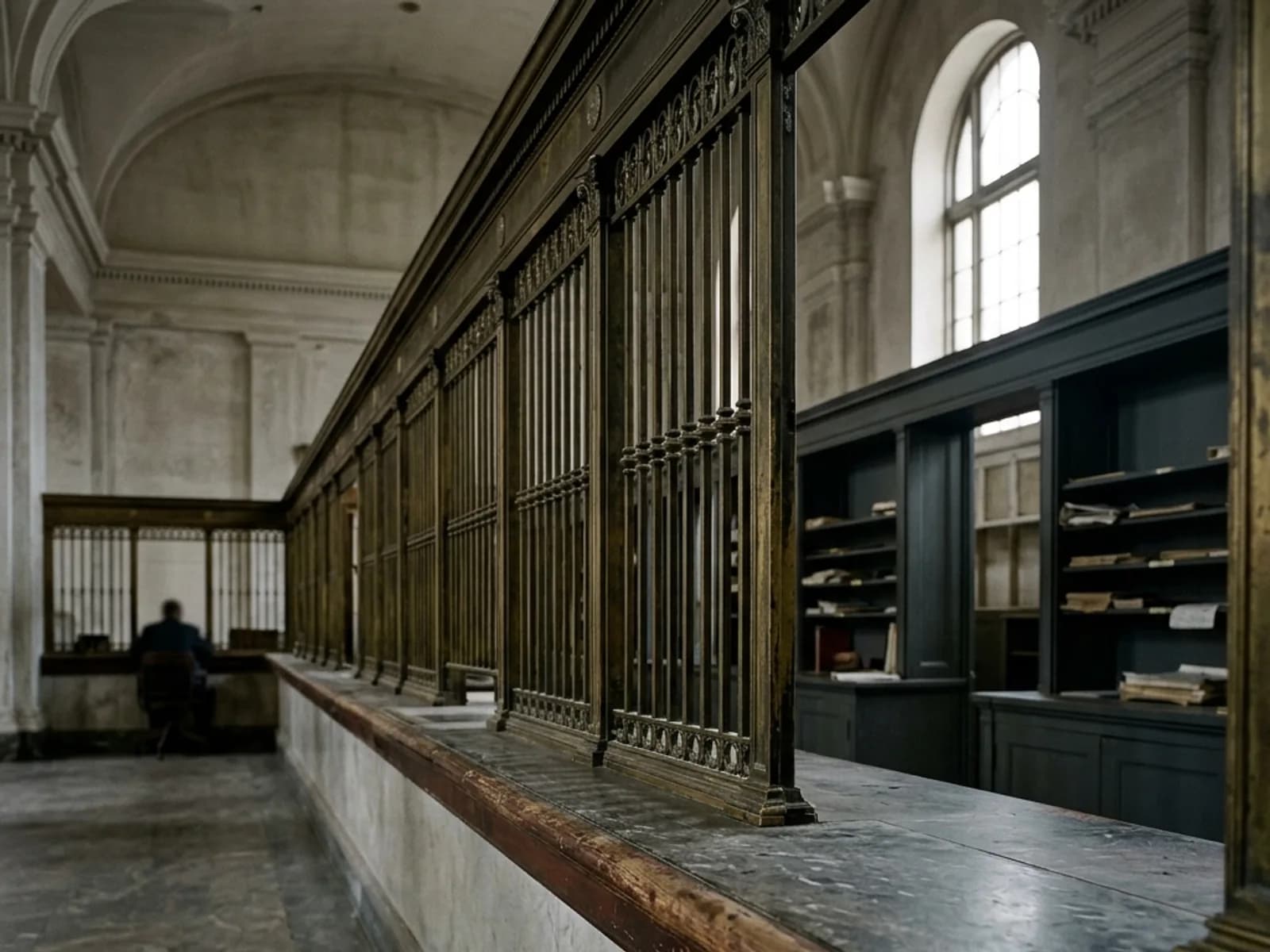 Interior of an old bank hall showing a marble counter and grilles.