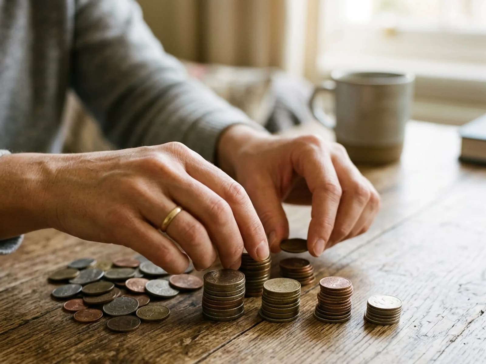 Hands sorting a few coins into small stacks on a wooden table in daylight.